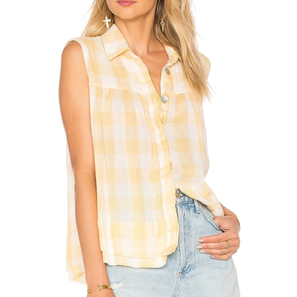 Free People Yellow Gauze Hey There Sunrise Tank Top Size Large